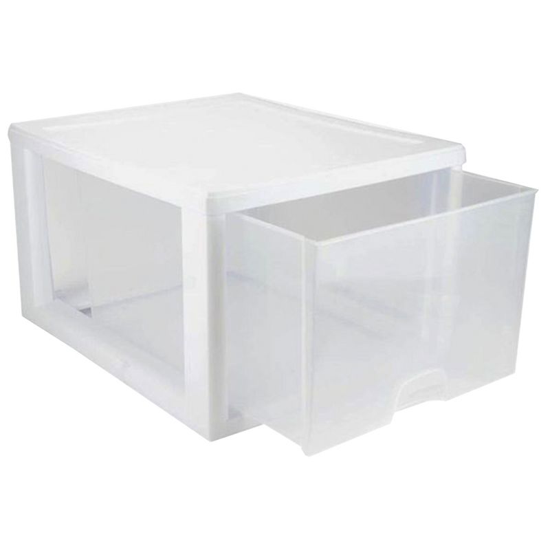 Sterilite 27 Quart Plastic Stackable Storage Container Bin w/Built-in Handles and Removable Lids, Clear Base w/White Frame, 4 of 8