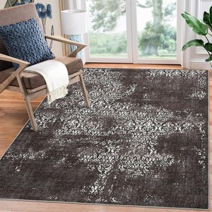 Boho Chenille Washable Area Rug with Distressed Damask Print, Non-Slip TPR Backing, Stain Resistant Carpet for Living Room, Bedroom, Entryway - 1 of 4