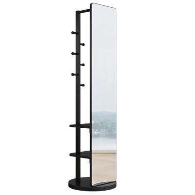 Black Freestanding Full Length Mirror with Coat Rack and Storage