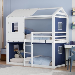 Twin/Full Size Bunk Wood House Bed with Tent, Fun Playhouse Design for Kids - ModernLuxe - 1 of 4