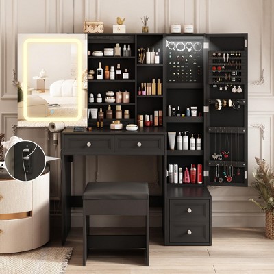 Makeup Vanity Desk with LED Lighted Sliding Mirror, Jewelry Cabinet & Charging Station