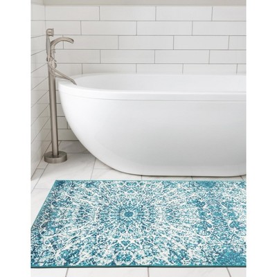Turquoise and White Synthetic Reversible Runner Rug