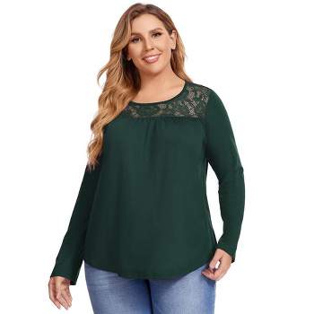 WhizMax Women Plus Size Pleated Flowy Top 3/4 Roll Sleeve Casual Loose Blouse Round Neck Tunic Shirt Long Sleeve