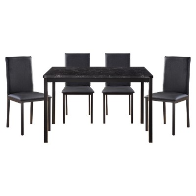 VYNXARIA Metal Frame 5pc Dining Set Black Faux Marble Table and 4x Side Chairs Faux Leather Upholstery Casual Kitchen Furniture Set