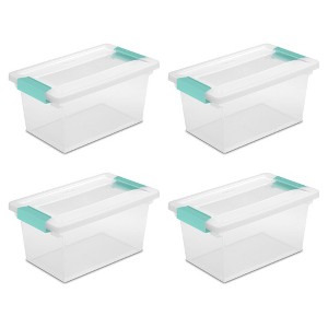 Sterilite Medium Stackable Clear Plastic Storage Tote Container with Clear Latching Lid & Green Clips for Home & Office Organization - 1 of 4