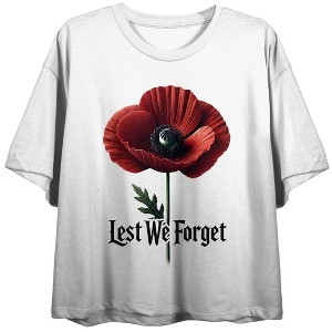 Memorial Day Red Poppy Lest We Forget Women’s White Crew Neck Short Sleeve Crop Top - 1 of 3