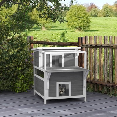 Gray and White Fir Wood Outdoor Cat House with Balcony