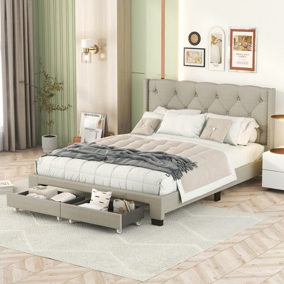 Queen Size Linen Upholstered Storage Platform Bed with Two Drawers-ModernLuxe