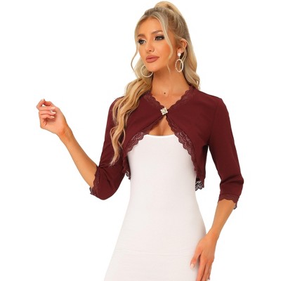 Allegra K Women's Elegant 3/4 Sleeve Cropped Vintage Lace Trim Shrug