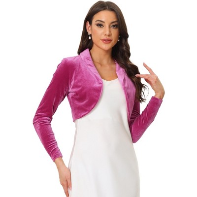 INSPIRE CHIC Women's Long Sleeve Lapel Collar Velvet Open Front Cropped Cardigan