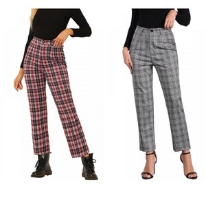 INSPIRE CHIC Women's Plaid Tartan High Waisted Button Casual Pants 2 Packs - 1 of 4