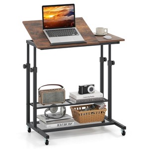 Costway Mobile Stand up Desk with Tilting Tabletop Storage Shelves Wheels for Living Room Gray/Brown - 1 of 4