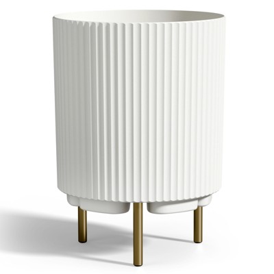 Maggift Planters Metal, Indoor Outdoor Planter Pot with Stand, Round Floor Flower Pot with Stand, White 14.8"*14.8"*20.3"