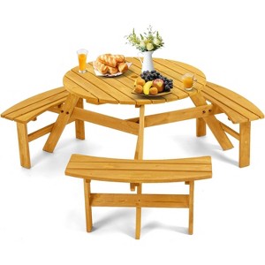 Zevemomo 6 Person Wood Picnic Table,Round Tabletop with Umbrella Hole,3 Built-in Curved Benches,1720LBS Total Capacity for Garden, Light Wood Color - 1 of 4