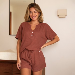 Women's Soft Ribbed Henley & Shorts Pajama Set -Cupshe - 1 of 4