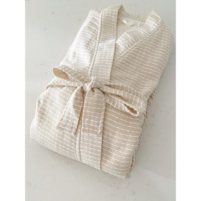Cream Striped Cotton Blend Knee-Length Bathrobe
