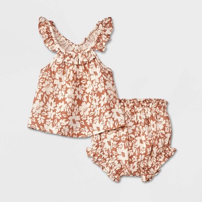 Grayson Collective Baby Girls' Sleeveless Gauze Ruffle Tank Top & Bloomer Set - Brown 3-6M