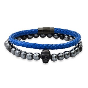 Steeltime Men's 2pc set hematite & black ip stainless steel and blue leather/black ip stainless steel bracelet - 1 of 4