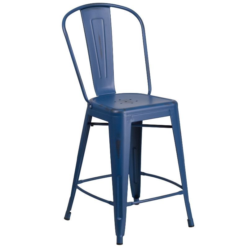 Flash Furniture Commercial Grade 24" High Distressed Metal Indoor-Outdoor Counter Height Stool with Back, 1 of 17