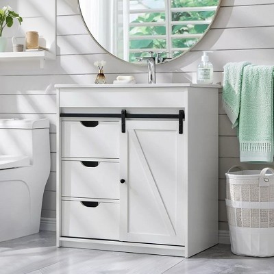 SinCiDo 30" Farmhouse Bathroom Storage Cabinet, Bathroom Dressing Table with Sink, Sliding Barn Door, 3 Drawers and Adjustable Shelves