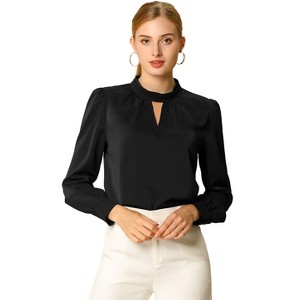 INSPIRE CHIC Women's Office Keyhole Elegant Stand Collar Long Sleeve Back Neck Button Blouse - 1 of 4