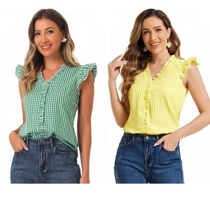 INSPIRE CHIC Women's Cap Sleeve Plaid Gingham Ruffle Shirt 2 Packs - 1 of 4