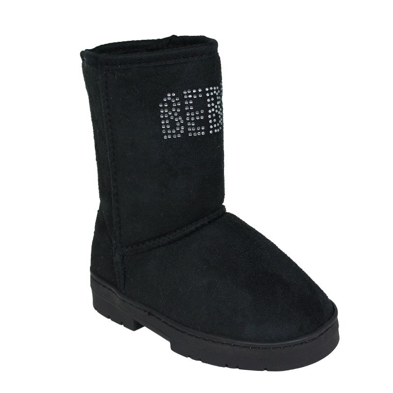 bebe Girl's Cozy Microsuede Winter Boots with Sparkling Rhinestone Logo Detail - Stylish and Warm Footwear for Girls, Black, 1
