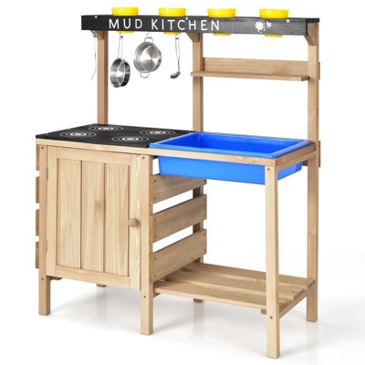 Infans Kids Kitchen Playset Wooden Outdoor Mud Kitchen Pretend Play Toy W/ Kitchenware
