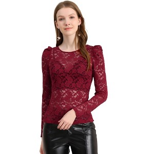 INSPIRE CHIC Women's Vintage Semi-Sheer Puff Long Sleeve Embroidery Lace Floral Blouse - 1 of 4