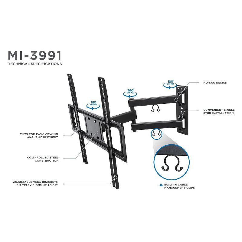 Mount-It! Full Motion TV Wall Mount | Swivel and Articulating Flat Screen TV Bracket for 26 - 55 in. | Arm Extension up to 17 in. | 77 Lbs. Capacity, 3 of 9