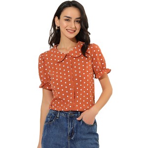 INSPIRE CHIC Women's Elegant Puff Sleeve Polka Dots Peter Pan Collar Vintage Shirt Top - 1 of 4