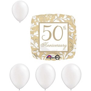 LOONBALLOON 18" Gold Elegant Scroll 50th Anniversary Balloons with Pearl White Latex – Milestone Celebration Décor - 1 of 1