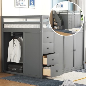 Full Size Wood Loft Bed with Built-in Wardrobes, Cabinets and Drawers - 1 of 4