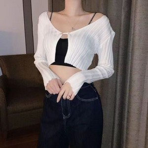 Coolmee Women's Shrug Sweaters Tie Front Long Sleeve Rib Knit Bolero Open Front Cropped Cardigan - 1 of 3