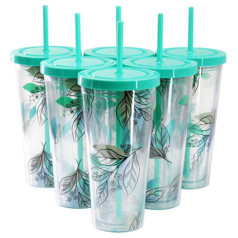Gibson Home Tropical Sway Vineyard 6 Piece 24 Ounce Double Wall Plastic Tumbler Set with Lid & Straw in Teal, 1 of 6