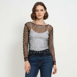 Women's Elegant Pearl & Rhinestone Sheer Top - Slim Fit Layering Blouse Cherie Code - 1 of 4