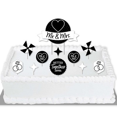 Big Dot of Happiness Mr. and Mrs. - Black and White Wedding or Bridal Shower Cake Decorating Kit - Mr. and Mrs. Cake Topper Set - 11 Pieces