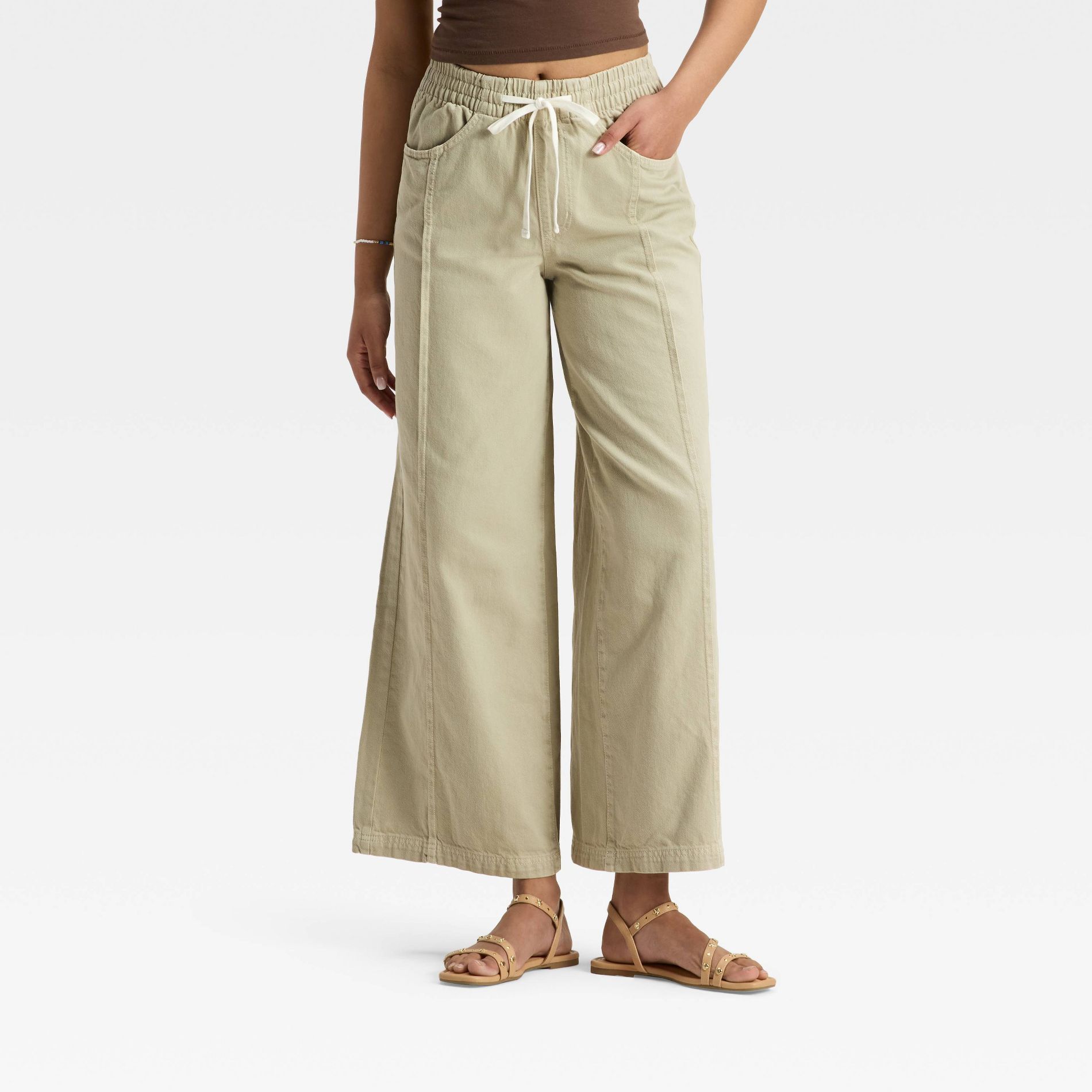 Women's High-Rise Drawstring Wide Leg Relaxed Fit Beach Pants - Universal Thread™ Khaki Green M