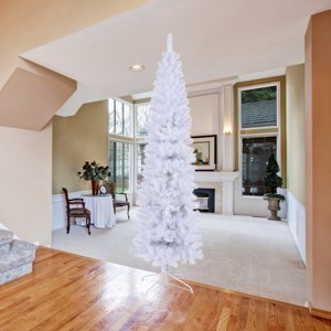 Maggift Artificial Plant 7.5FT White Slim Artificial Christmas Tree Includes Foldable Metal Stand Quick Shape Flock Decor, White, 29.92"*29.92"*80" - 1 of 4