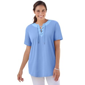 Woman Within Plus Size Lace-Up Knit Tee - 1 of 4