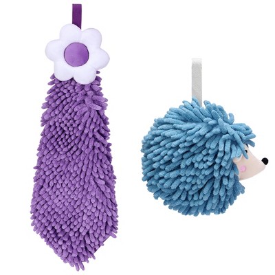 REGALWOVEN 2 Packs Chenille Hand Towel Flower and Cute Cartoon Hanging Hand Towel for Bathroom 6" x 15"/7" x 7"