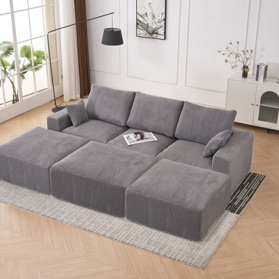 113'' Corduroy Modular Boneless Modern Convertible Sectional Sofas with Chaise, Movable Ottoman, Compression Upholstered and No Assembly