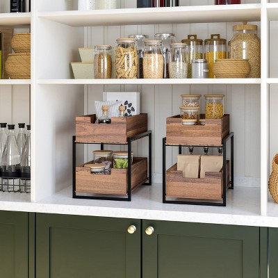 Seville Classics Acacia Wood 2-Tier Sliding Kitchen Pantry Storage Organization Baskets, 9" W x 14" D x 12.5" H — фото 5