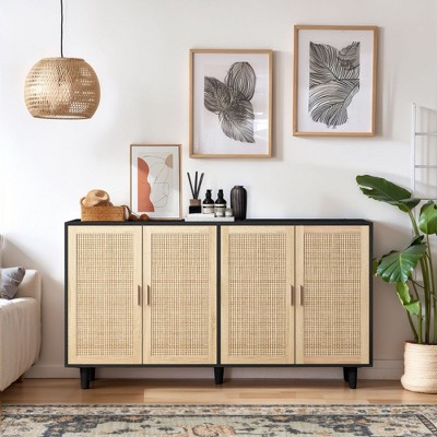 SKRAN Buffet Cabinets with Storage, Multifunctional Sideboard Cabinets with Rattan Doors ＆ Wood Feet for Hallway and Living Room