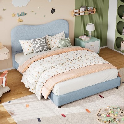 Homhougo Twin Bed Frame for Kids with Velvet Upholstered Headboard, Cute Low Profile Platform Bed for Girls and Boys, No Box Spring Needed, Blue