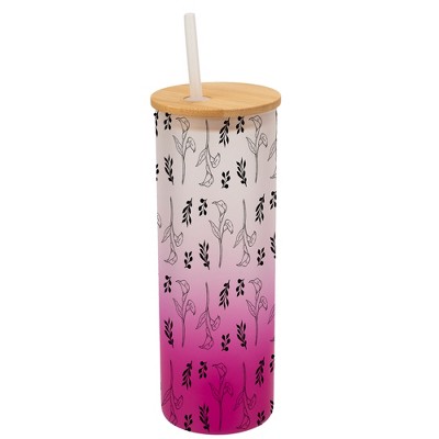 Elanze Designs Calla Lily Flower Floral Wrap-Around Design 25 Ounce Frosted Gradient Glass On-The-Go Coffee Travel Skinny Tumbler Mug Cup, Bamboo Lid