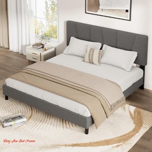 Twin/Full/Queen/King Size Bed Frame with Adjustable Headboard, Linen Upholstered Twin Platform Bed Frame with Strong Wooden Slats - 1 of 4