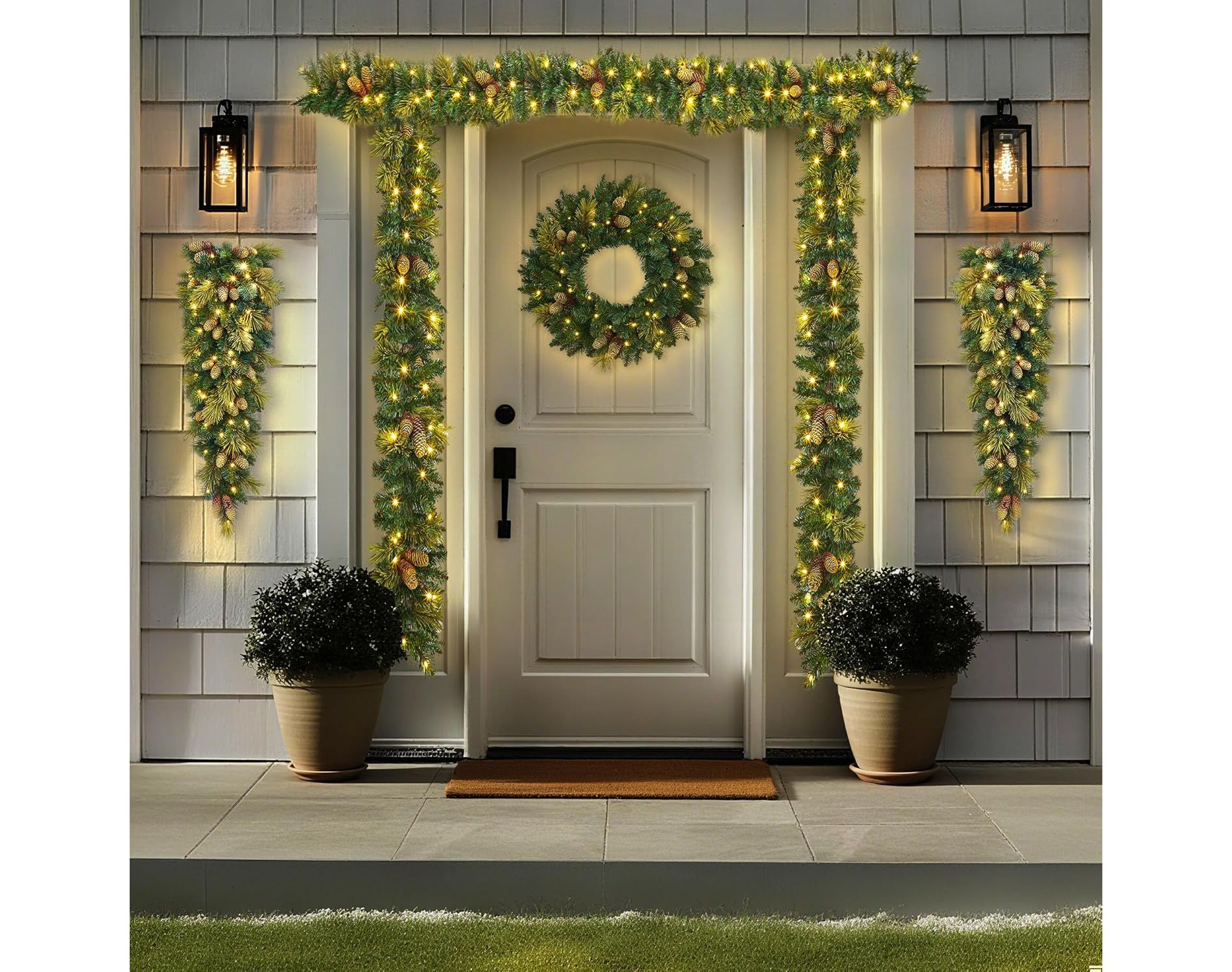 Pre-Lit White Holiday Christmas 6-Piece Decoration Set – Includes Tree, Garland, Wreath, Swags with Timer