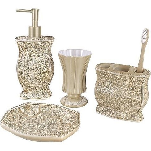 Bathroom Accessories Set of 4 Includes Soap Lotion Dispenser, Tumbler,  Tissue Box, Tray for Bath Decor, Kitchen Beige 