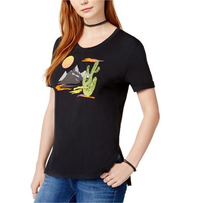 Carbon Copy Womens Embroidered Embellished T-Shirt, Black, Small
